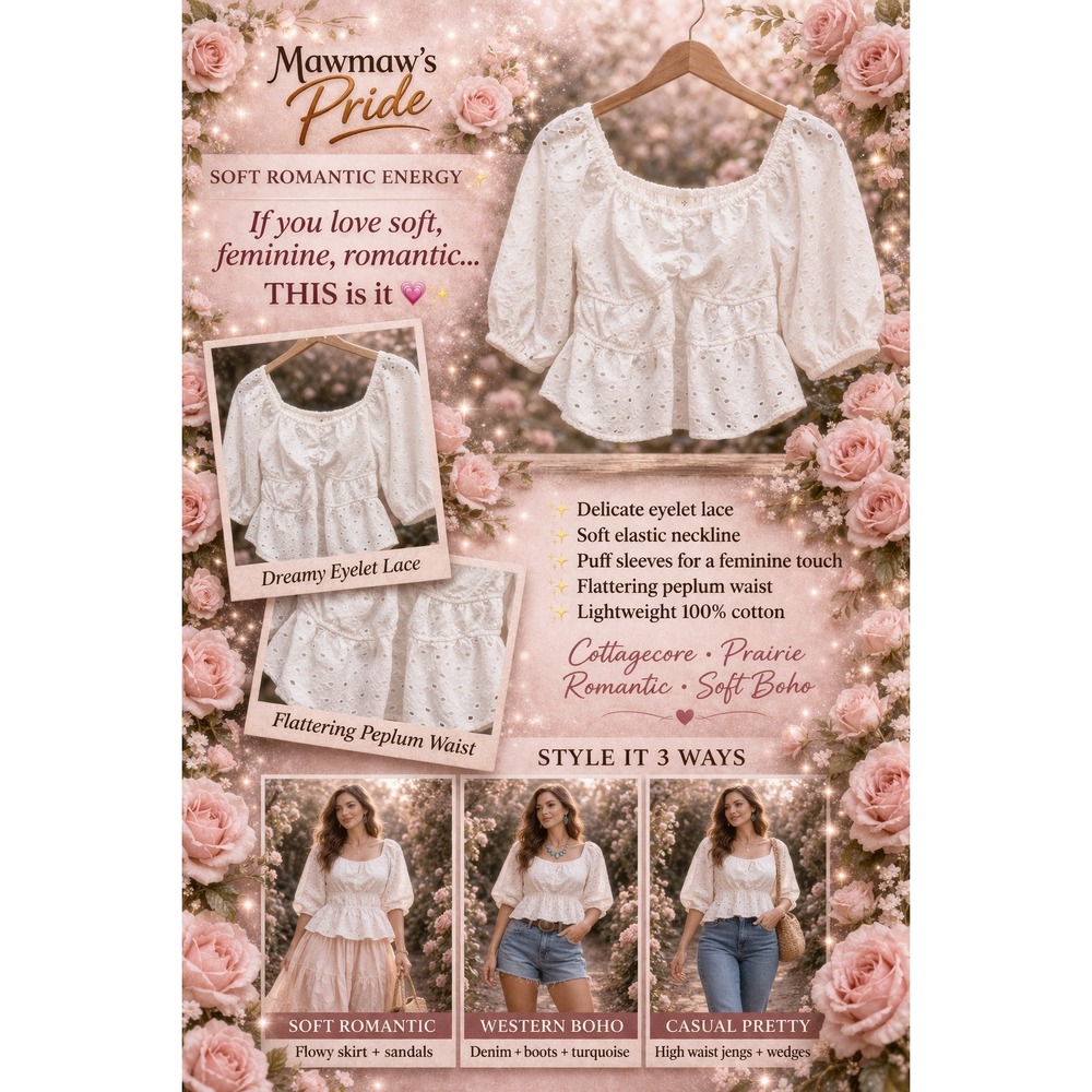 A New Day White Eyelet Puff Sleeve Peplum Top Square Neck 100% Cotton Blouse S